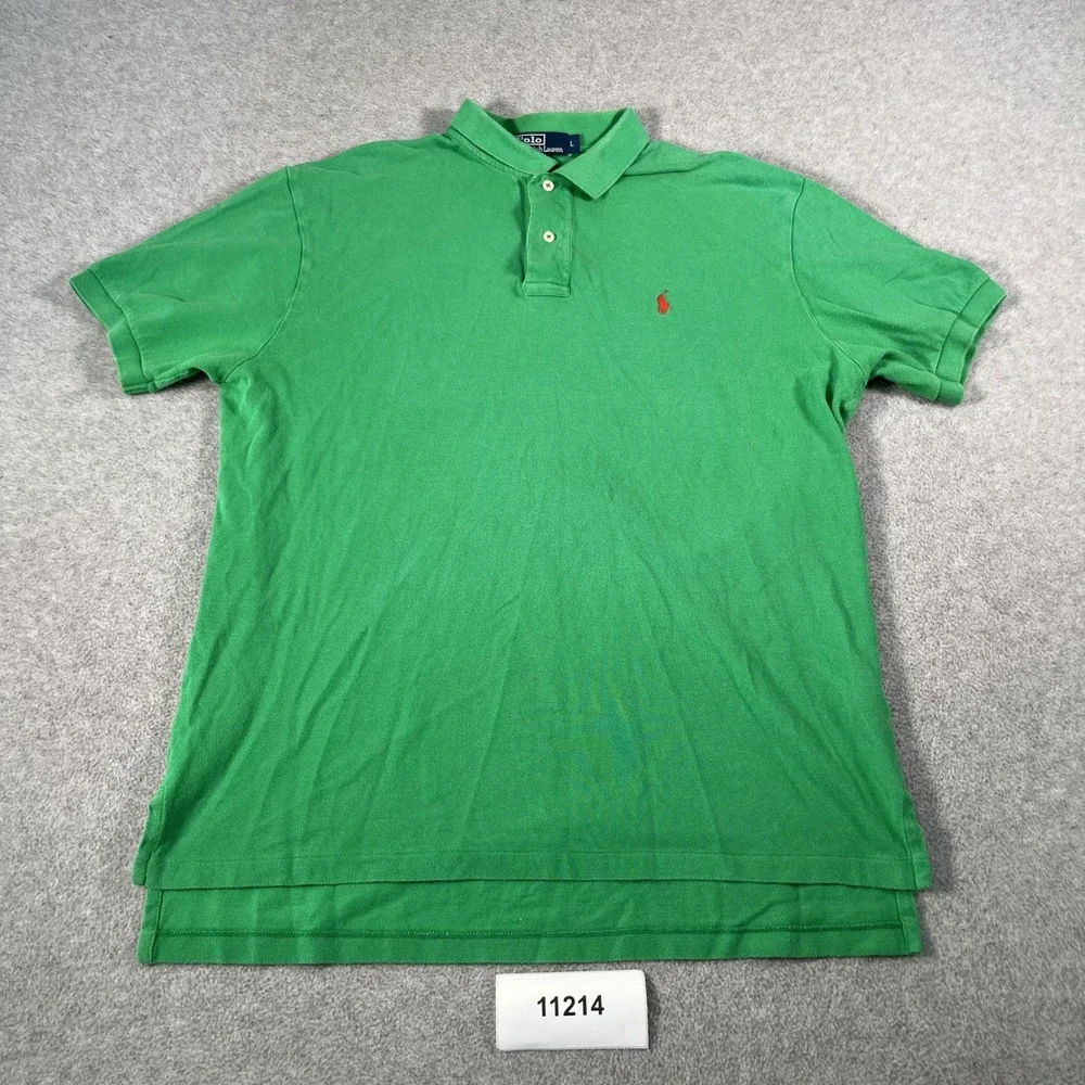 Vintage Polo Ralph Lauren Polo Shirt Mens L Green Cotton Pony Logo Side Slit